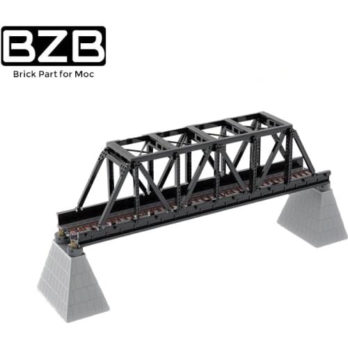 BZB MOC Creative City Street View High-tech Train Iron Truss Railway Bridge Building Block Model Kids Toy DIY Brick Parts Gifts