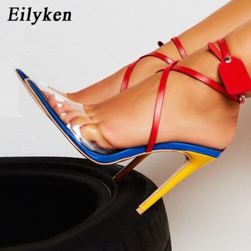 EilyKen Fashion Summer PVC Transparency Pointed Toe Women Pumps High Heels Rivets Ankle Strap Ladies Shoes Sexy Pumps Sandals