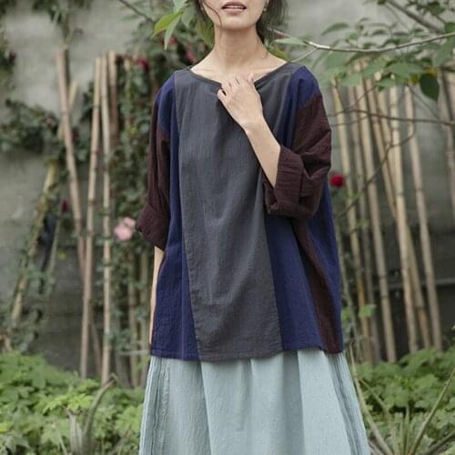 FairyNatural Ladies Patchwork Color Cotton Linen Clothes T-Shirts O-Neck Long Sleeve Retro Women Loose T-Shirts 2021 Spring