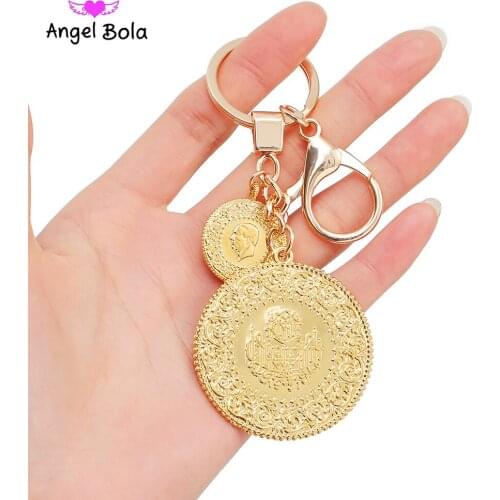Gold Color Turkish Coins Key Ring Jewelry Ethnic Gifts Muslim Islam Turkey Ataturk Pendant Allah Arab Key Chains for Women