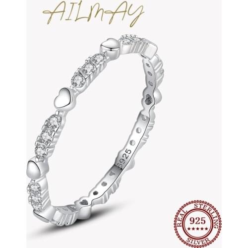 Ailmay New Sale 925 Sterling Silver Stackable Heart Clear CZ Finger Rings For Women Girls Anti-allergy Fine Jewelry Gifts
