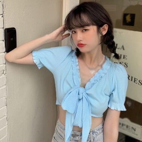 Summer V Neck Fit Short-Sleeved T-Shirt Women Short Tie Up Tank Tops Streetwear