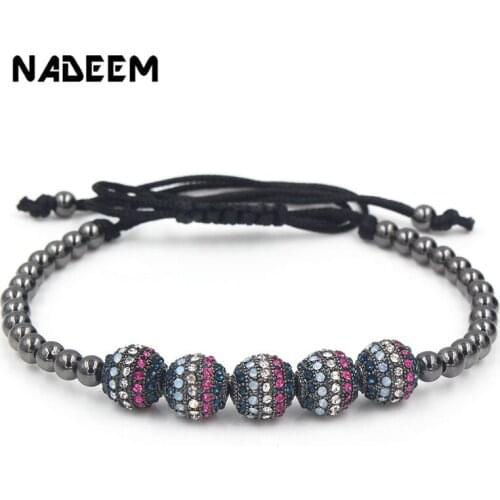 Micro Pave Mix Color Cubic Zirconia Copper Ball Charm Bead Bracelet Braiding Macrame Adjustable Beads Jewelry Gift For Men Women
