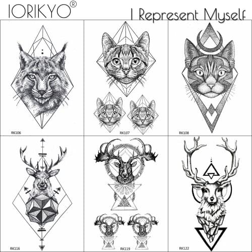 Fashion Geometry Cat Dot Temporary Tattoo Stickers Cover Men Body Arm Art Waterproof Tatoos Women Black Deer Fake Tattoo Totem