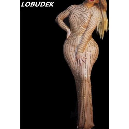 Fashion Gold Rhinestones Mesh Transparent Long Dress Female Singer Dancer Concert Stage Stones Dress Birthday Party Show Dresses