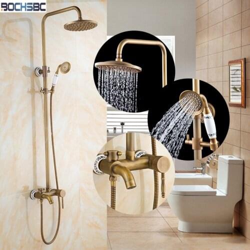 BOCHSBC Wall Mounted Brass Shower Set European Style Bathroom Shower Faucet Sets Hot and Cold Water Antique Bath Shower Head Kit