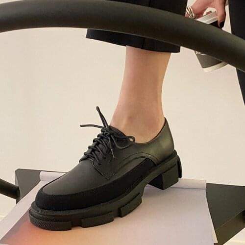 New SpringAutumn Women Platform Flats Heel Shoes Lace up Women Casual Shoes For Women Genuine Leather Flats Female Black Basic