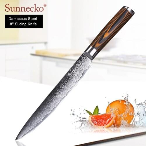SUNNECKO 8'' Slicing knife Damascus Steel Sharp Blade Chef kitchen knives Pakka Wood Handle Meat Vegetable Slicer Cutter Tool