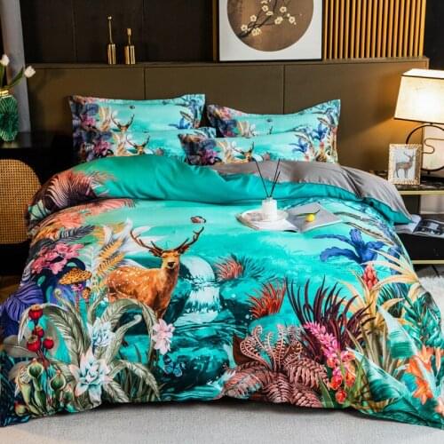 Luxury 100% Cotton Sanding 3D Printing Bedding Set Jungle Plants Deer Duvet Cover Set Quilt Cover Bed Comforter Set Fitted Sheet