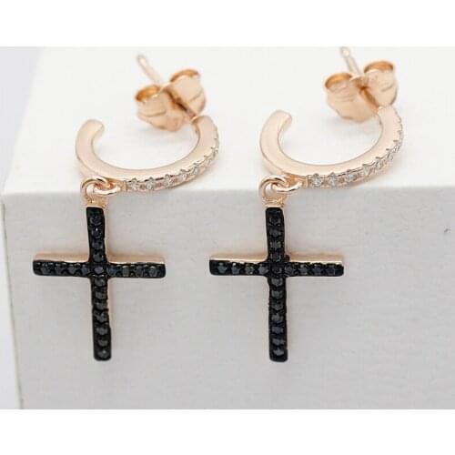 Cross Earrings 925 Sterling Silver Golden Women Stud Earrings with Black Zircon Punk Style for Women Engagement Party Jewelry