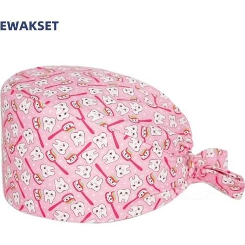 Teeth Anime Scrubs Cap with Sweatband elastic Bandage Nurse Dentist Clinic Working Surgicals Hat Long Hair Unisex