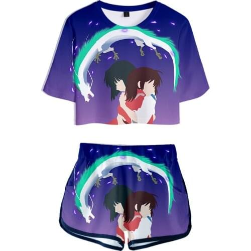 Classic Spirited Away Dew navel Sport Girls Short Sleeve tracksuit Beautiful Girls Sexy Two Pieces sets 3D T-shirts shorts Pants