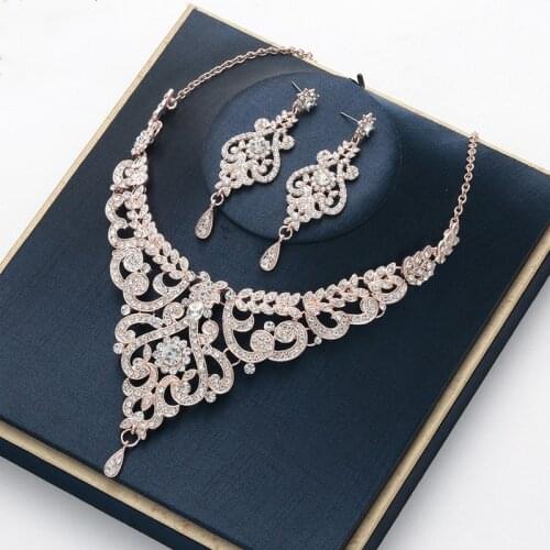 TREAZY Luxury Crystal Floral Drop Bridal Wedding Jewelry Set for Women Rose Gold Color Necklace Earrings Set Engagement Jewelry