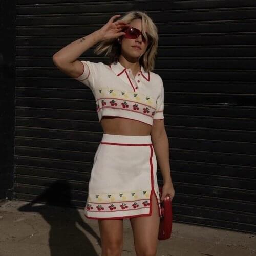 XIKOM 2021 Women Two Pieces Set Ladies Vintage Knitted Cherry Lapel Top Female High Waist Streetwear Retro Split Skirt Suit