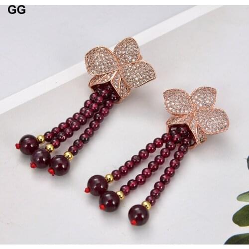GuaiGuai Jewelry 2.4" Natural Garnet CZ Pave Flower Earrings