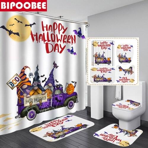 Happy Halloween Bathroom Curtains Set Devil Pumpkin Gnome 3D Fabric Shower Curtain Toilet Lid Cover Non-slip Bath Rug Home Decor