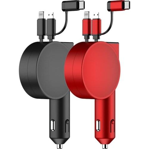 3-in-1 vehicle-mounted mobile phone charger with retractable charging cable and LED car pressure display function