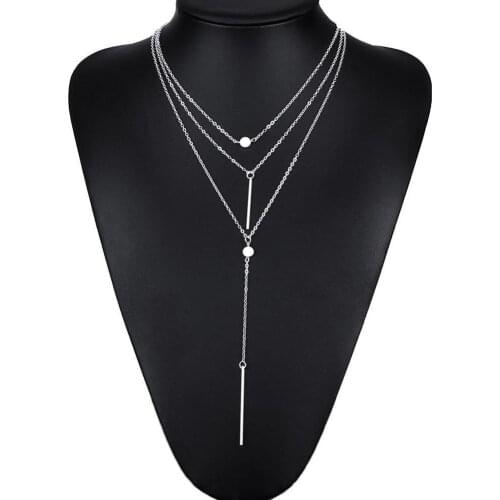 Fashion Women 3 Layers Beads Bar Tassel Charm Pendant Chain Necklace Jewelry