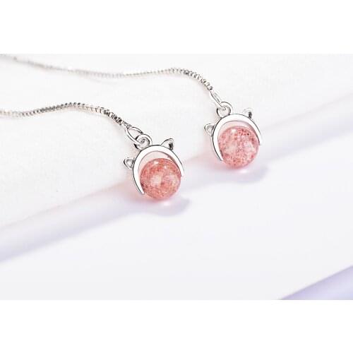 S925 silver ear wire new womens earrings pink crystal earrings cute cat pendant jewelry romantic jewelry