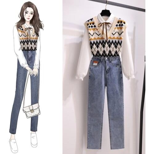 Women Sets 3 Pieces Outfits Autumn Elegant Fashion Office Ladies Simple All-match Shirt Retro Knitted Vest Straight Jeans Suits