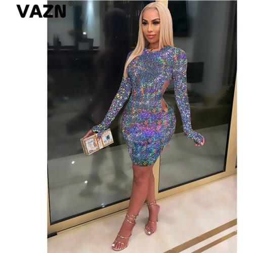 VAZN New 2020 Pleated Chic Ladies Slim Elegant Female Dress Club Birthday Shinny Dress Full Sleeve Bling Bling Sequins Dresses