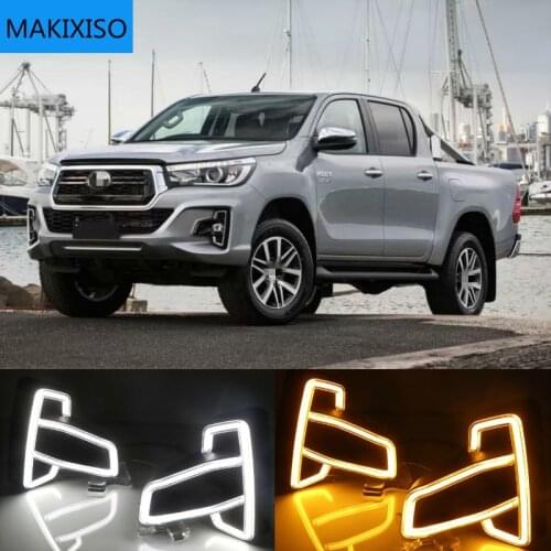 1 Set For Toyota Hilux Revo Rocco 2018 2019 DRL LED Daytime Running Lights Diglight ABS Fog lamp Cover With Turn Yellow Signal