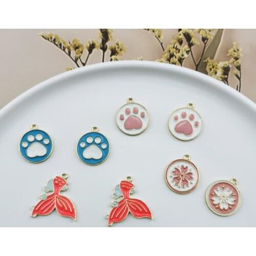 10pcs Cherry Blossom Flowers Fishtail Bear Paw Enamel Charms Metal Earring Pendants Fit Bracelet Jewelry DIY Accessory Handmade