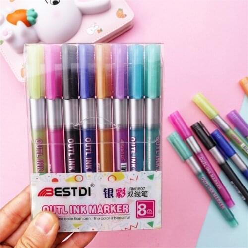 8pcs/set Colorful Double Line Pen Highlighter Fluorescent Marker Candy Color Student Multicolor Hand Note Pen For School Poster