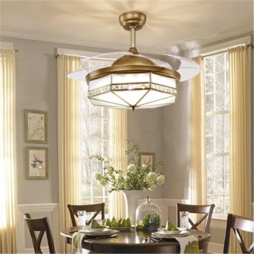 American Retro Copper Invisible Fan Lamp Modern Dining Room Living Room Ceiling Fan Light Bedroom Led Fan Lights