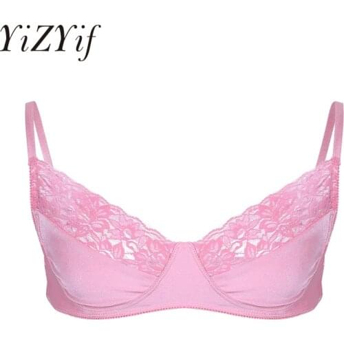 YiZYiF Sexy Men Bra Sissy Pink Gay Underwear Smooth Fabric Lace Wire-free Bra Top Adjustable Shoulder Straps Sissy Gay Male Bra