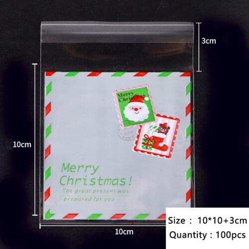 50pcs Cartoon Santa Claus Christmas Gift Stamp Decor Cellophane Nougat Wrapping Bag Neon Border Cookies Self-Stick Goodie Bags