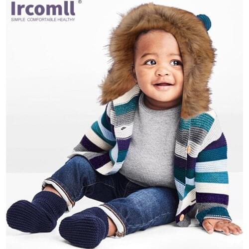 Ircomll Childrens Coat Sweater for Boy Girl Striped Fur Hooded Warm Knitted Jacked Infant Baby Cardigans 0-3Y