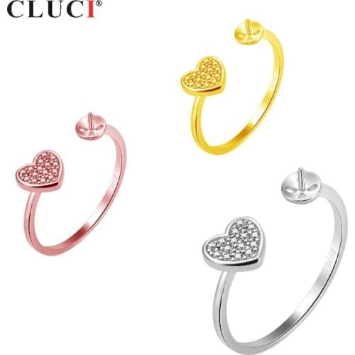 CLUCI 925 Sterling Silver Sparkling Heart Ring Jewelry Pearl Ring Mounting For Women Party Wedding Rigns Jewelry SR2163SB