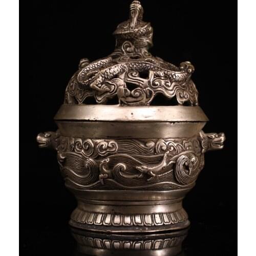 6"Chinese temple collection Old Bronze Gilt silver Chinese dragon statue Panlong Round shape incense burner Office Ornaments