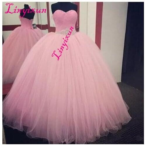 Linyixun Pink Ball Gown Quinceanera Dresses 2018 Beaded vestidos de 15 anos Sweet 16 Dresses Debutante Gowns Dress For 15 Years