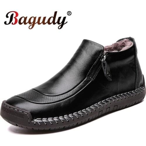 Fashion Leather Men Boots Warm Plush Winter Men Casual Shoes High Quality Split Leather Snow Boots Outdoor Warm Winter Men Shoes