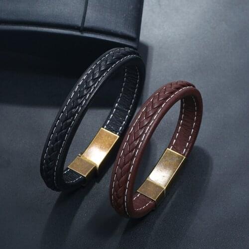 Genuine Leather Black Brown Bronze New Design Stainless Steel Magnetic Buckle Charm Men Leather Bracelet Size 20.5/22.5CM