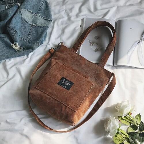 NEW Women Corduroy Shoulder Bags Striped Cloth Fabric Handbags Casual Zip Tote Canvas Crossbody Bag Cute Shopping Bag For Ladies