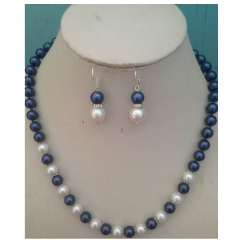 Charming 8MM White blue South Sea Shell Pearl necklace earrings set AAA Grade