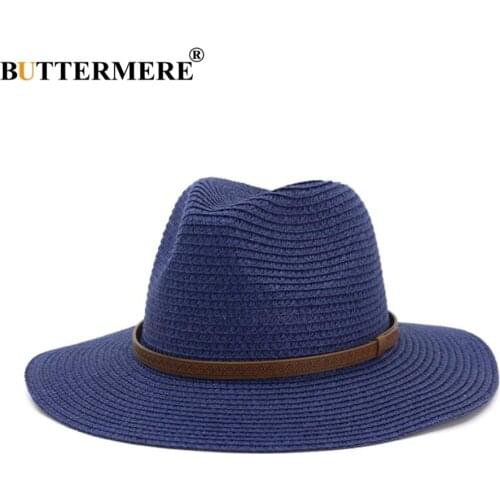 BUTTERMERE Panama Hats Womens Summer Sun Hat Male Female Navy Straw Belt Decorate 2020 New Fashion Men Jazz Hat