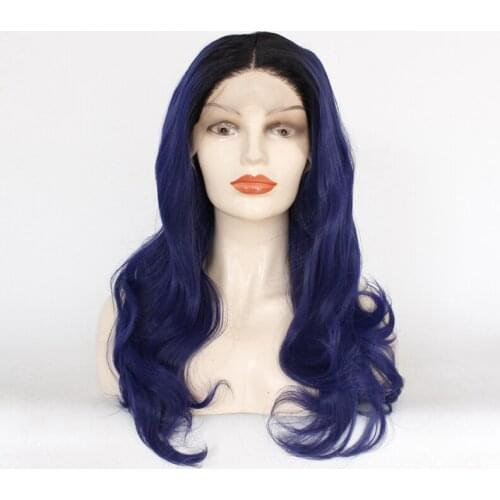 Blue Ombre Lace Front Wig Glueless Long Wavy Dark Blue Synthetic Wig with Dark Root Middle Parting Ombre Lace Wig Heat Resistant