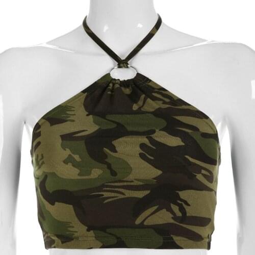 Sexy Women Backless Camouflage Halter Hanging Neck Vest Strap Crop Top Sleeveless Party Blouse