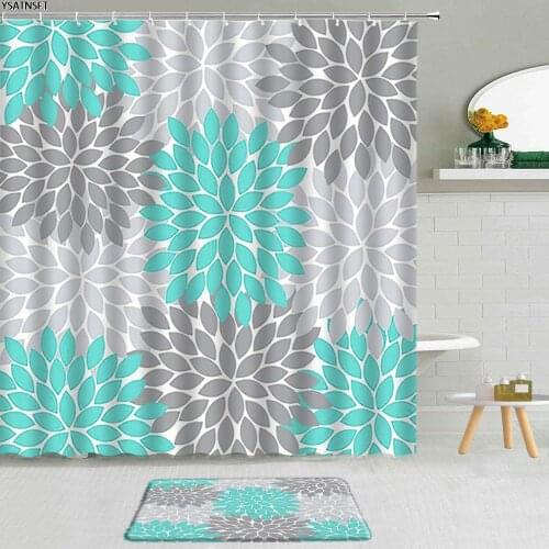 2Pcs Creative Geometric Floral Blue Gray Shower Curtain 3D Dahlia Mandala Flower Pattern Bathroom Non-Slip Bath Mat Curtains Set