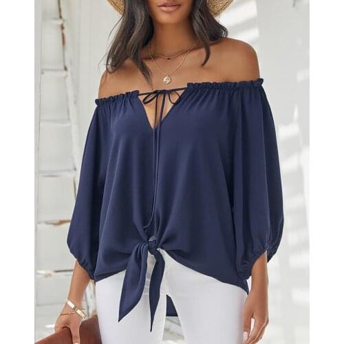 Ninimour Spring Summer Women Plain Bow Tied Blouse 2021 Femme Lace Up Off Shoulder Solid Top Office Ladies Outfits Tunic traf