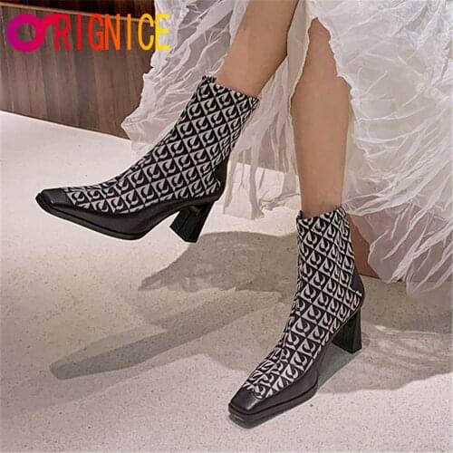 Orignice Chunky Heel Women Slim Stretch Fabric Cow Leather Patchwork Sock Ankle Boots Brand Designer Autumn Winter Party Shoes