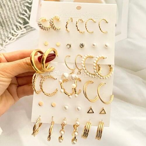 FNIO Vintage Gold Geometric Earrings For Women Fashion Tassel Crystal Pearl Set of Earrings Hollow Square Earrings Jewelry Gifts
