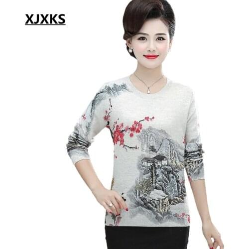 XJXKS Autumn And Winter Clothes Women Cashmere Plus Size Knitted Sweater Vintage Pull Femme Big Size Ink Painting Print Sweater