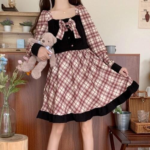 Gothic Lolita Dress Women Spring Autumn Sweet Preppy Style Plaid Bow Mini Dress Girl Harajuku Square Collar Punk Party Dresses