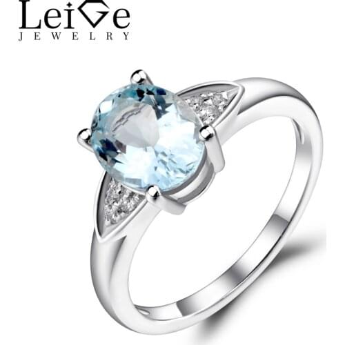 Leige Jewelry Natural Aquamarine Ring Blue Gemstone Oval Shaped Wedding Engagement Rings for Women Sterling Silver 925 Jewelry