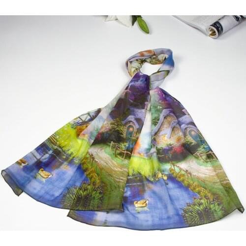 100% Silk Scarf Women Scarf Lakeside Cabin Silk Shawl 2019 Designer Scarf Female Silk Pashmina Thin Silk Wrap Luxury Lady Gift
